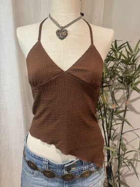 Brown Textured Halter Tank Top - Women's Sleeveless V-Neck